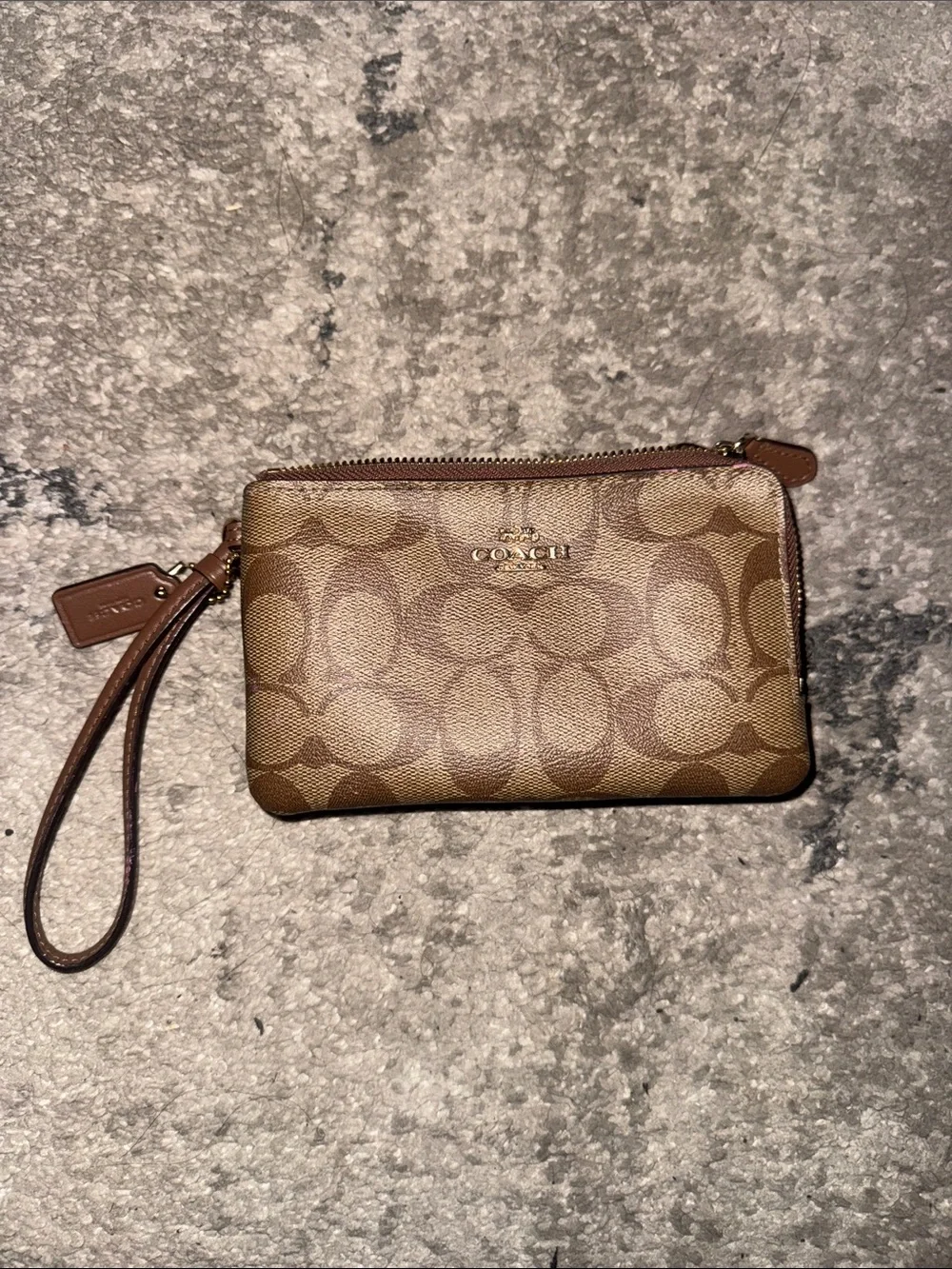Coach Brown Signature Double Zip Wristlet with Gold-Tone Hardware